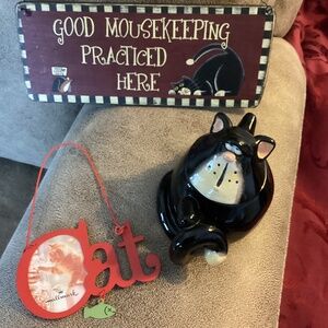 Black cat set vintage ceramic candle  sign and frame